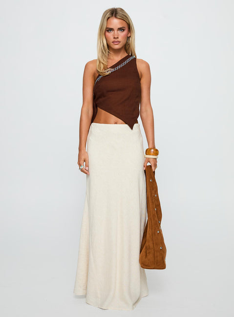 back view of model wearing Princess Polly Frankle Top Chocolate / Blue Sleeveless Asymmetric Neckline 