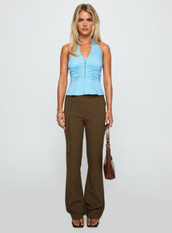 side view of model wearing Princess Polly Long Ago Ruched Halter Top Blue Sleeveless V-Neck 