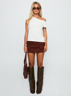 back view of model wearing Princess Polly Ashfield Off Shoulder Top White Short Sleeves Asymmetric Neckline 