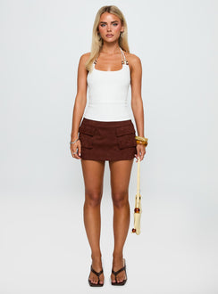 back view of model wearing Princess Polly Ex Factor Faux Suede Skort Brown High Waisted Shorts 