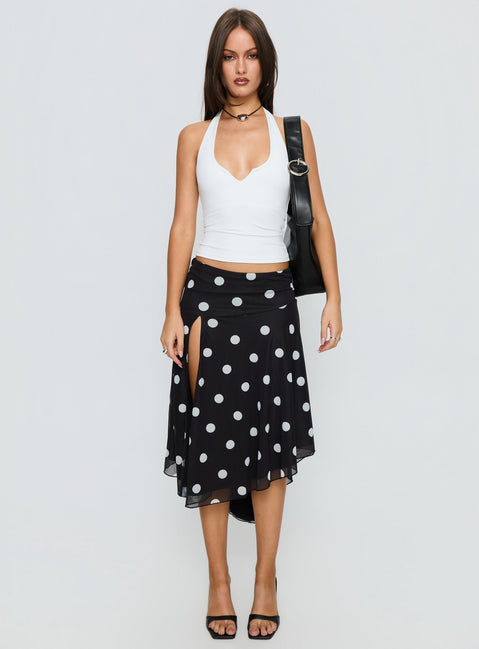   front view of model wearing Princess Polly Dulciana High Split Asymmetrical Midi Skirt Black / Polka Dot Midi Skirts 