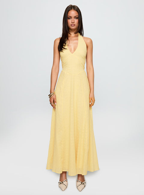 side view of model wearing Princess Polly Summer State Halter Maxi Dress Yellow Plunger 