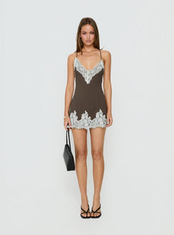 Call My Lover Spitzen-Slip-Minikleid Braun / Creme