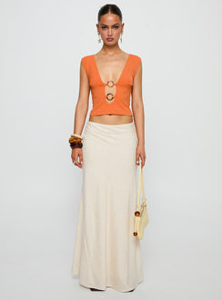 side view of model wearing Princess Polly Steward Top Orange Sleeveless Plunger 