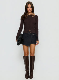 side view of model wearing Princess Polly Chiqueeta Faux Fur Trim Knit Cardigan Brown 