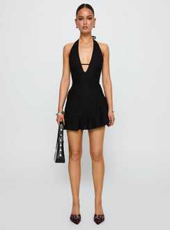 front view of model wearing Princess Polly Solistaire Halter Mini Dress Black Plunger 