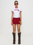 front view of model wearing Princess Polly USC Goalie Baby Tee White Short Sleeves Crew Neck 