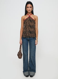 back view of model wearing Princess Polly Rafaella Halter Top Leopard Sleeveless Asymmetric Neckline 