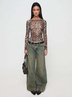 side view of model wearing Princess Polly Believe Me Long Sleeve Top Leopard Full Sleeves Scoop Neck 