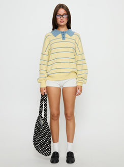 front view of model wearing Princess Polly Minda Collared Knit Sweater Yellow Stripe 