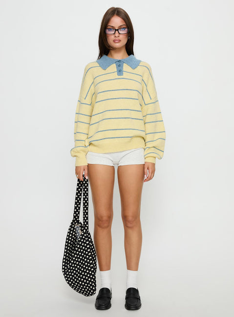 front view of model wearing Princess Polly Minda Collared Knit Sweater Yellow Stripe 