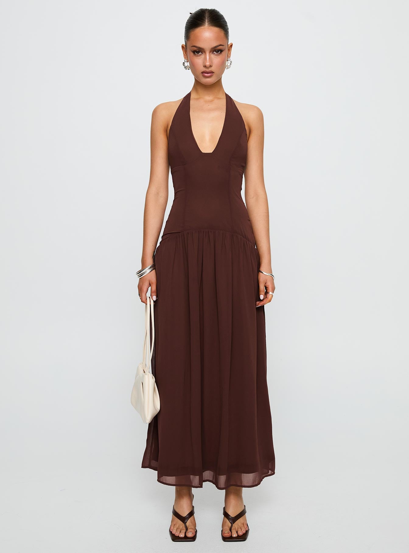 front view of model wearing Princess Polly Chestnut Drop Waist Maxi Dress Brown Plunger 