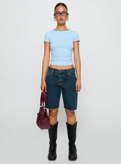 front view of model wearing Princess Polly Torissa Top Blue Short Sleeves Crew Neck 