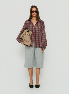 Caydence Long Sleeve Button Down Flannel Top Burgundy Check