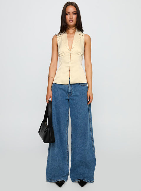 side view of model wearing Princess Polly My Truth Satin Top Cream Sleeveless Plunger 