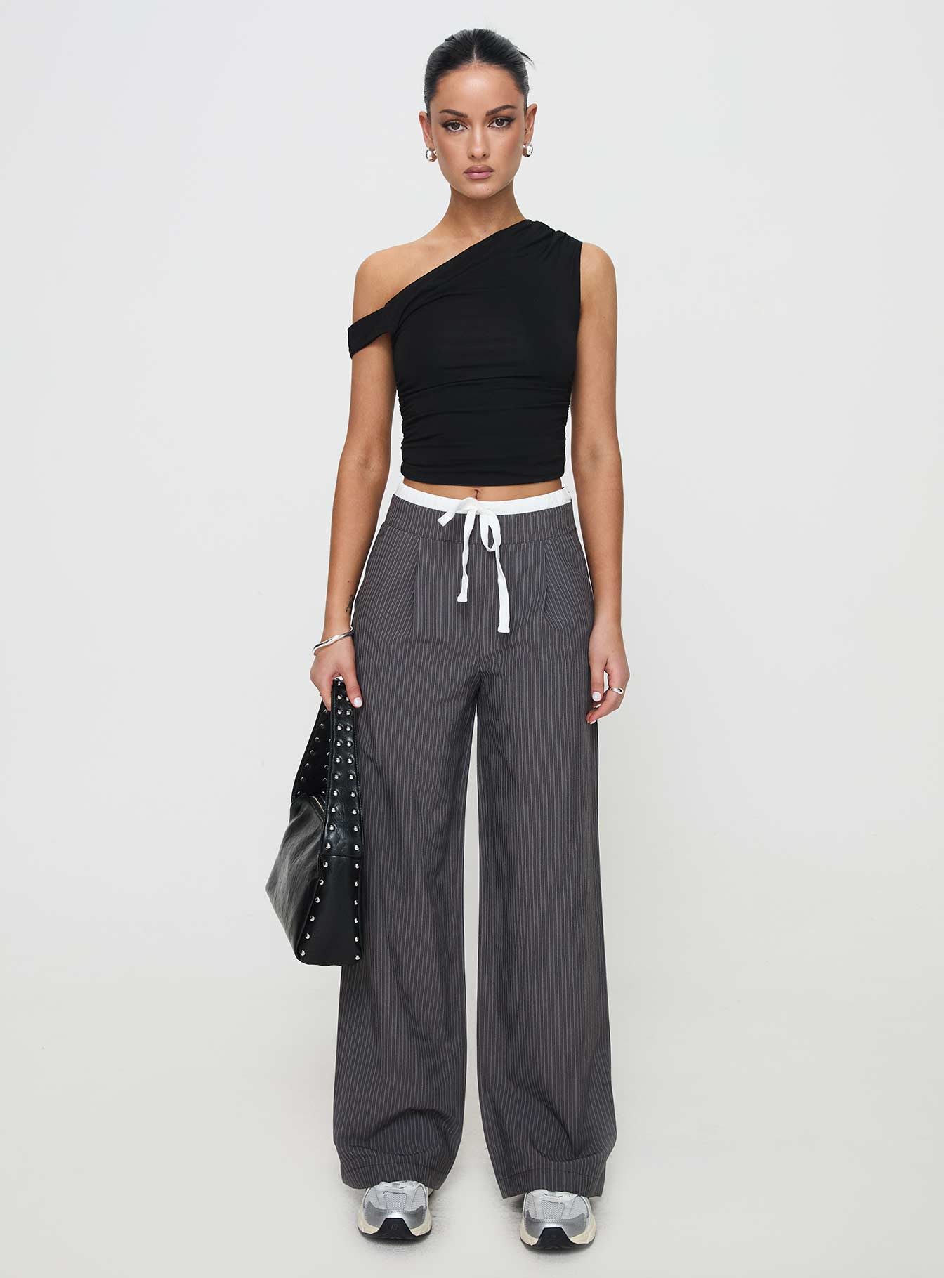 front view of model wearing Princess Polly Auclaire Pinstripe Pant Charcoal High Waisted Pants 