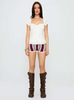 front view of model wearing Princess Polly Suiter Frill Detail Top White Short Sleeves Sweetheart 