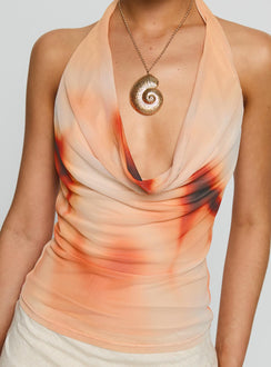 front view of model wearing Princess Polly Do It Again Cowl Neck Top Orange Multi Sleeveless Cowl 