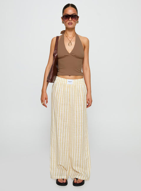 front view of model wearing Princess Polly Beach House Pants Yellow Stripe High Waisted Pants 