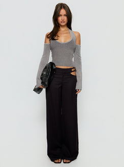 side view of model wearing Princess Polly Venicia Belt Detail Suiting Pant Black Pinstripe Mid Rise Pants 