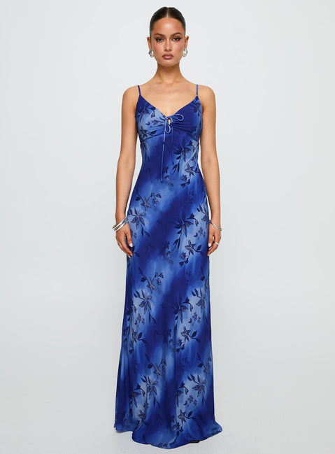 front view of model wearing Princess Polly Lauraline Maxi Dress Blue V-Neck 