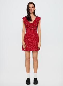 side view of model wearing Princess Polly Cherry Schnapps Flutter Mini Dress Red Polka V-Neck 