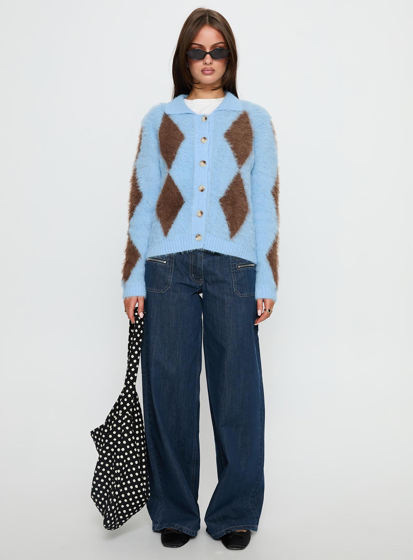 front view of model wearing Princess Polly Lynnsey Fluffy Collared Knit Sweater Blue Argyle Cropped 