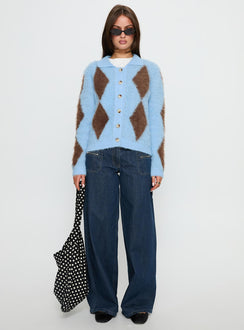 front view of model wearing Princess Polly Lynnsey Fluffy Collared Knit Sweater Blue Argyle Cropped 