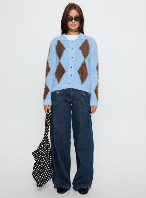 front view of model wearing Princess Polly Lynnsey Fluffy Collared Knit Sweater Blue Argyle Cropped 