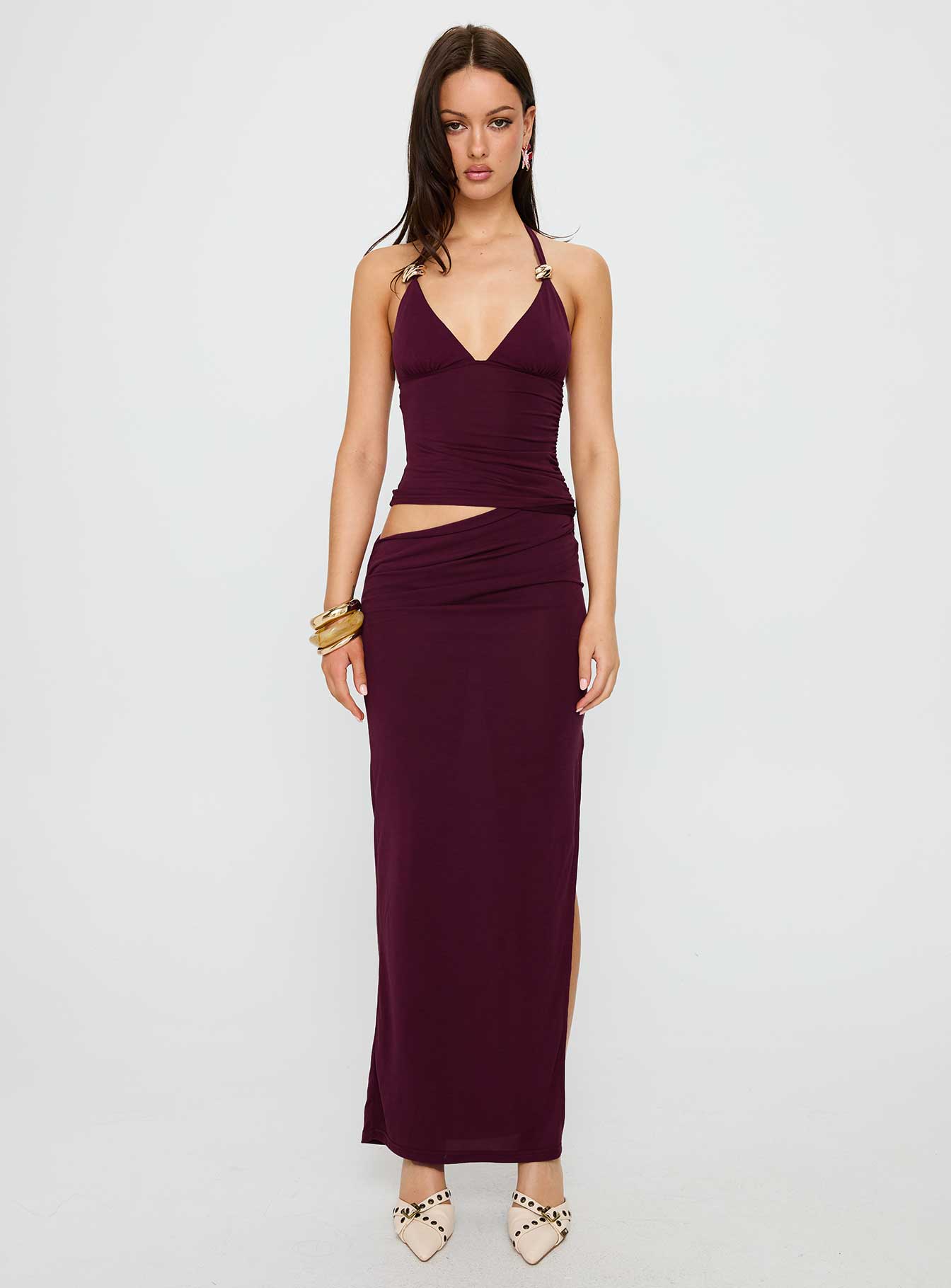 Imeraldia Hardware Halter Maxi Dress Currant