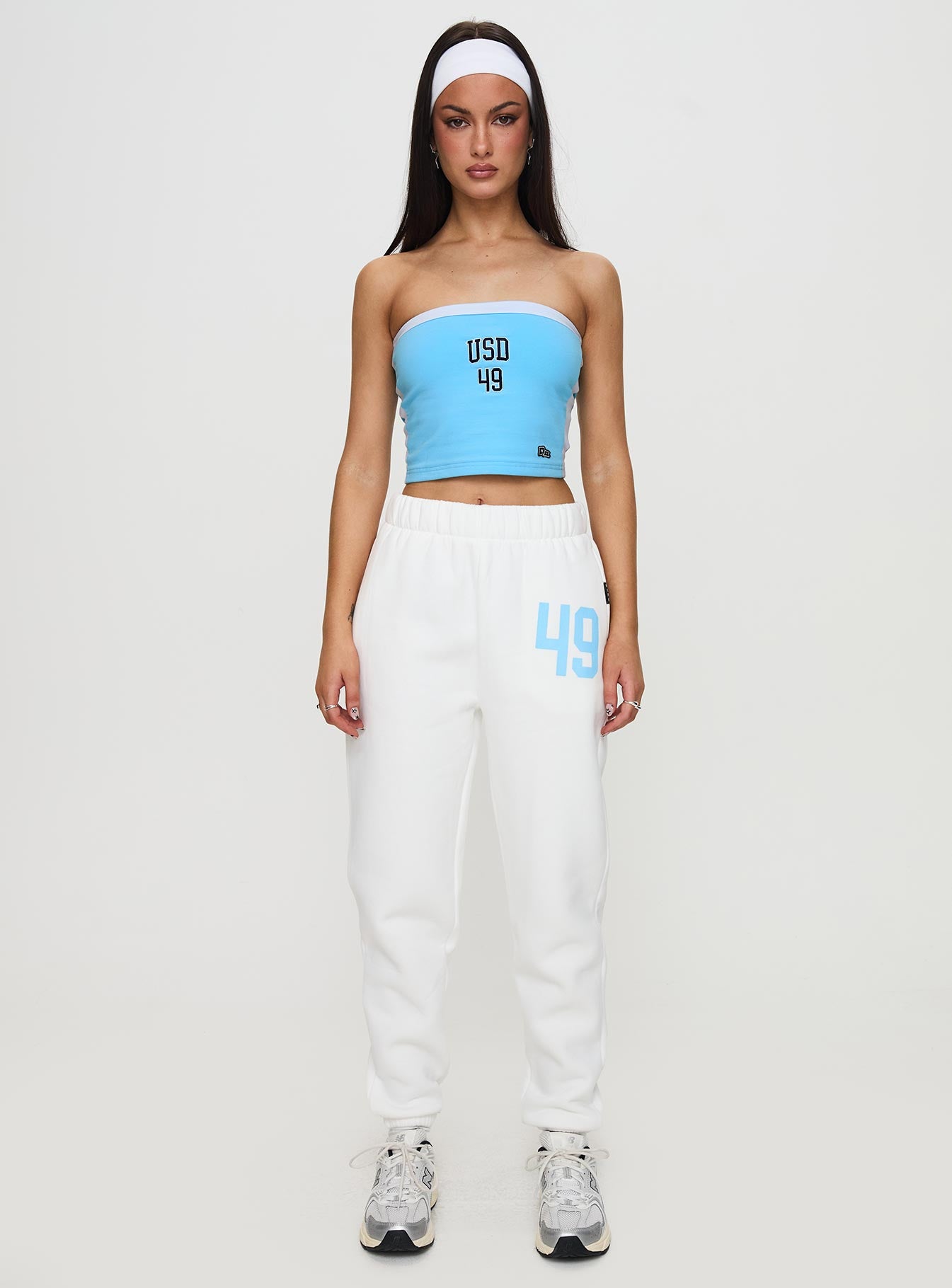 front view of model wearing Princess Polly USD Sweatpants White High Waisted Pants 