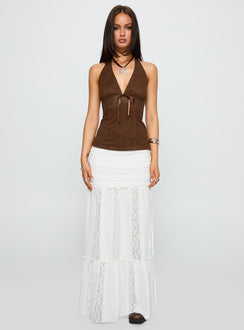front view of model wearing Princess Polly Dance For You Faux Suede Halter Top Brown Sleeveless V-Neck 