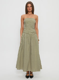 Frankey Strapless Drop Waist Maxi Dress Green Check
