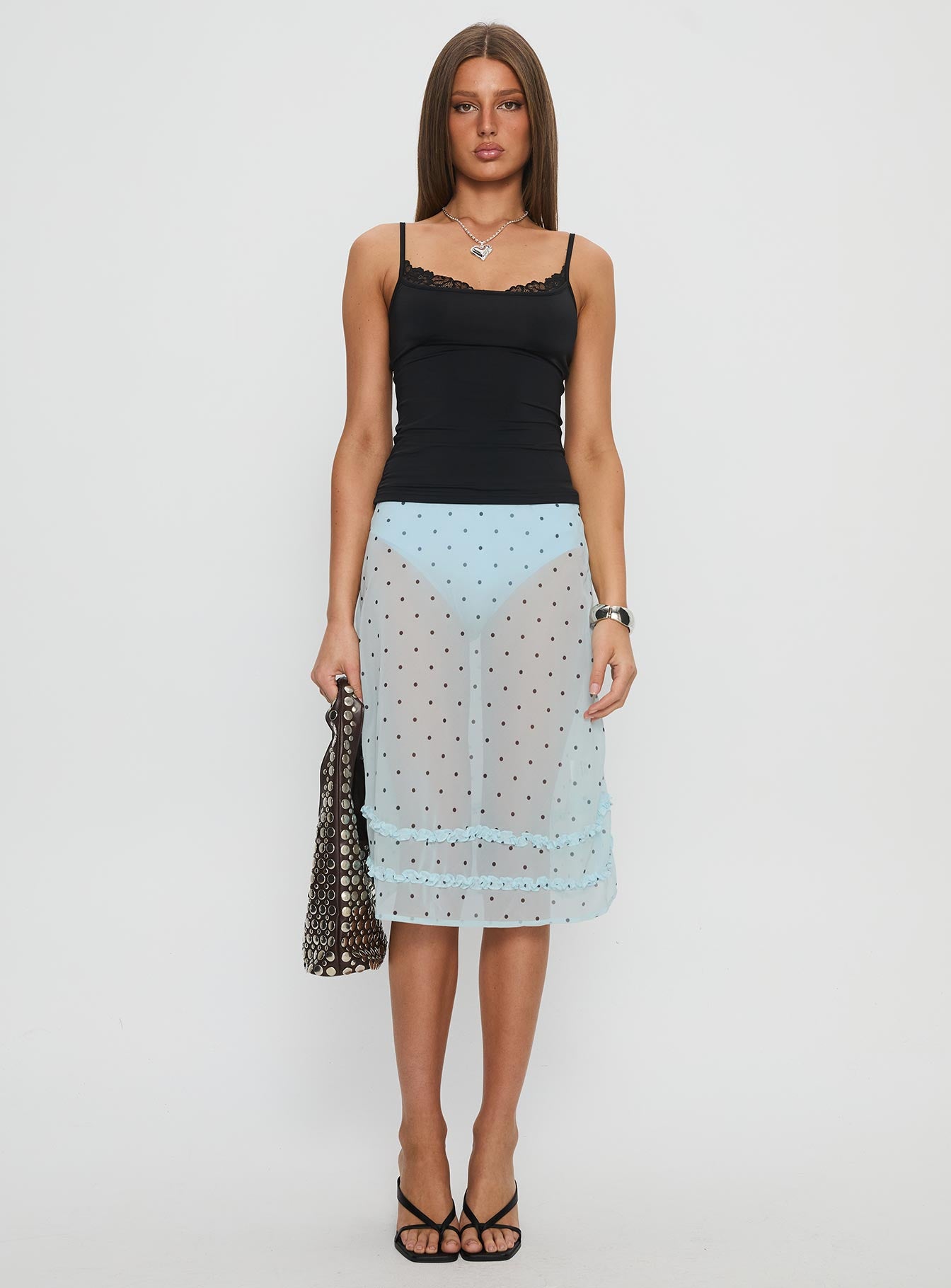   front view of model wearing Princess Polly Lyza Sheer Midi Skirt Blue Polka Midi Skirts 