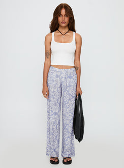 front view of model wearing Princess Polly Vendi Low Rise Pant Lilac Floral Low Rise Pants 