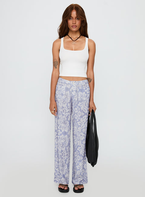 front view of model wearing Princess Polly Vendi Low Rise Pant Lilac Floral Low Rise Pants 