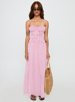 front view of model wearing Princess Polly Loralei Shirred Maxi Dress Red Stripe Square Neck 