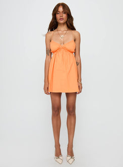 front view of model wearing Princess Polly Alchemy Mini Dress Peach Plunger 