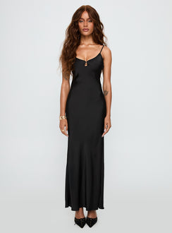 front view of model wearing Princess Polly Mind Reader Maxi Dress Black Scoop Neck 
