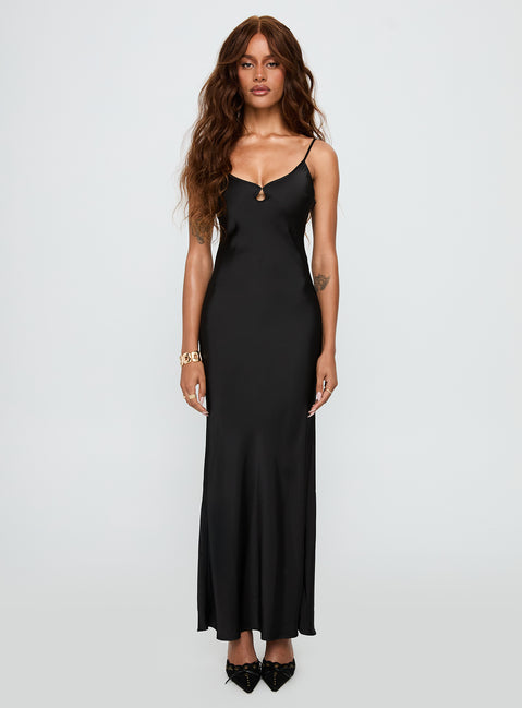 front view of model wearing Princess Polly Mind Reader Maxi Dress Black Scoop Neck 