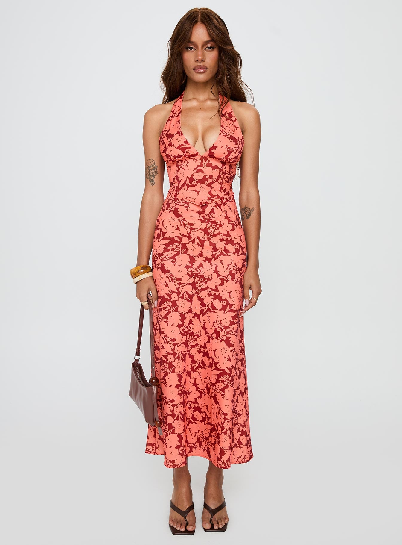   front view of model wearing Princess Polly Casablanca Maxi Skirt Red Floral Maxi 