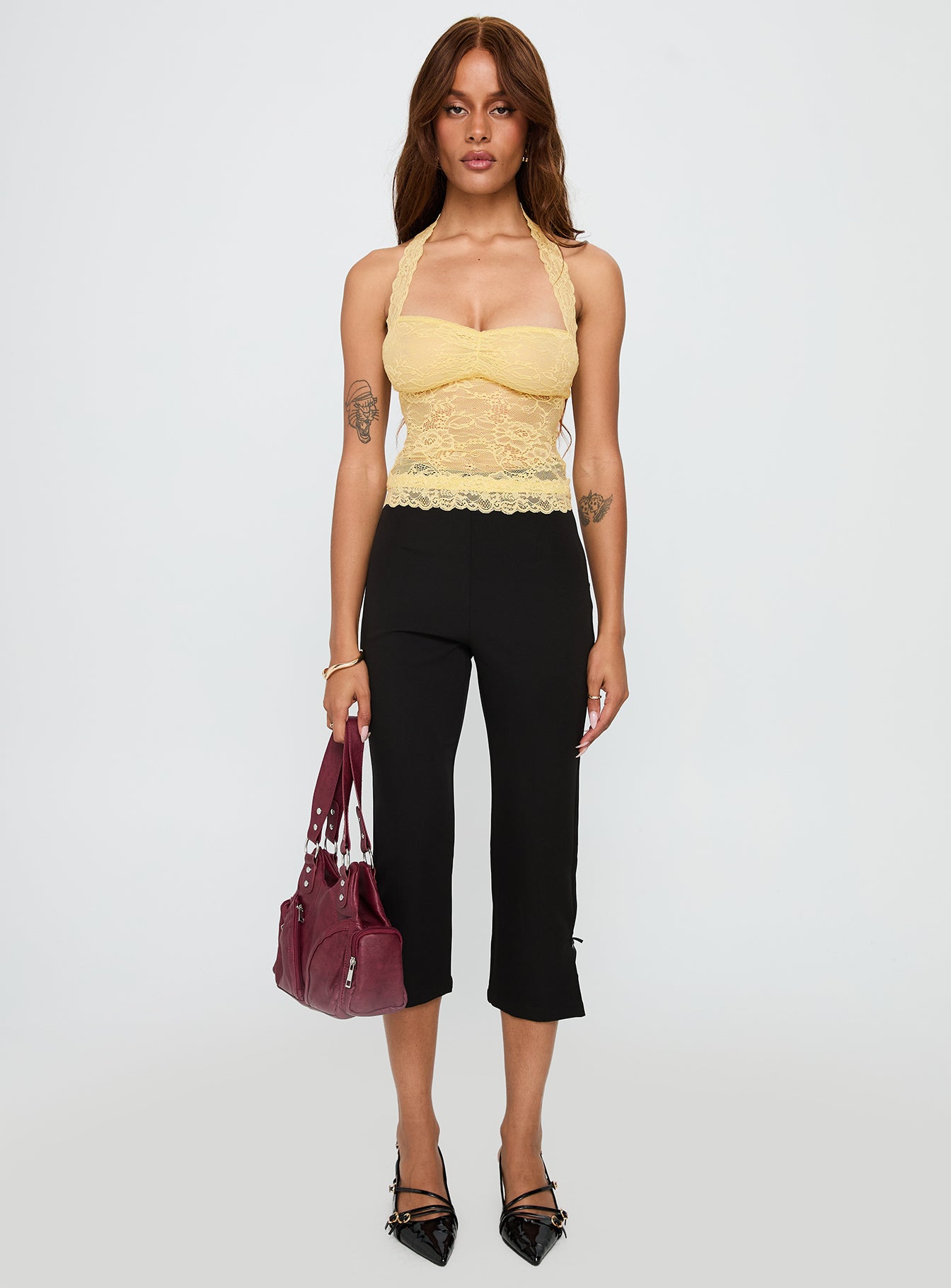 front view of model wearing Princess Polly Fantasize Lace Halter Top Yellow Sleeveless Sweetheart 