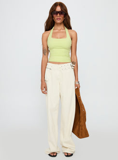 front view of model wearing Princess Polly Assumptions Halter Top Sage Sleeveless Square Neck 