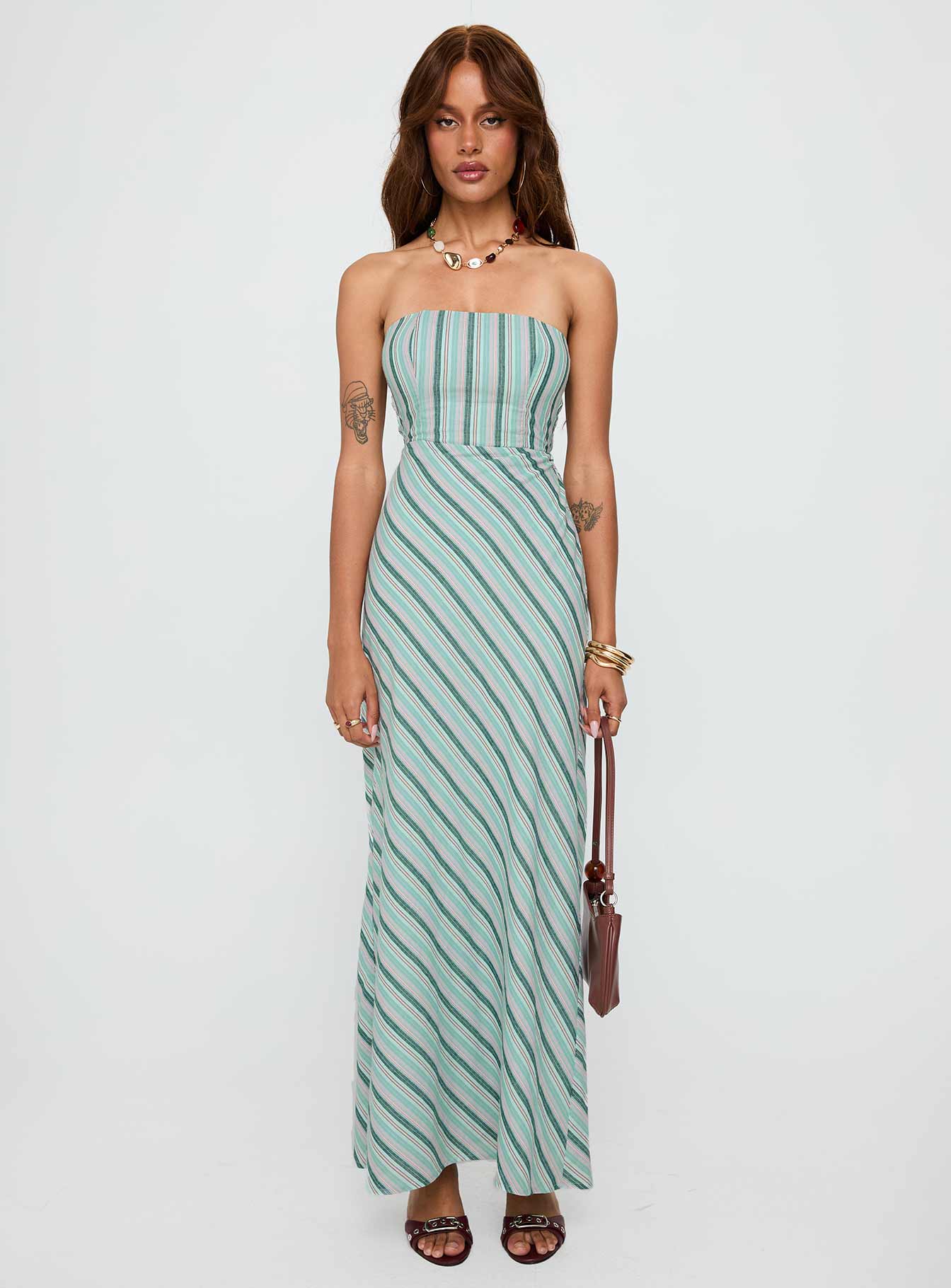 front view of model wearing Princess Polly Finchie Strapless Maxi Dress Blue Stripe Straight Neck 