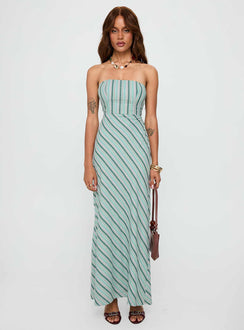 front view of model wearing Princess Polly Finchie Strapless Maxi Dress Blue Stripe Straight Neck 