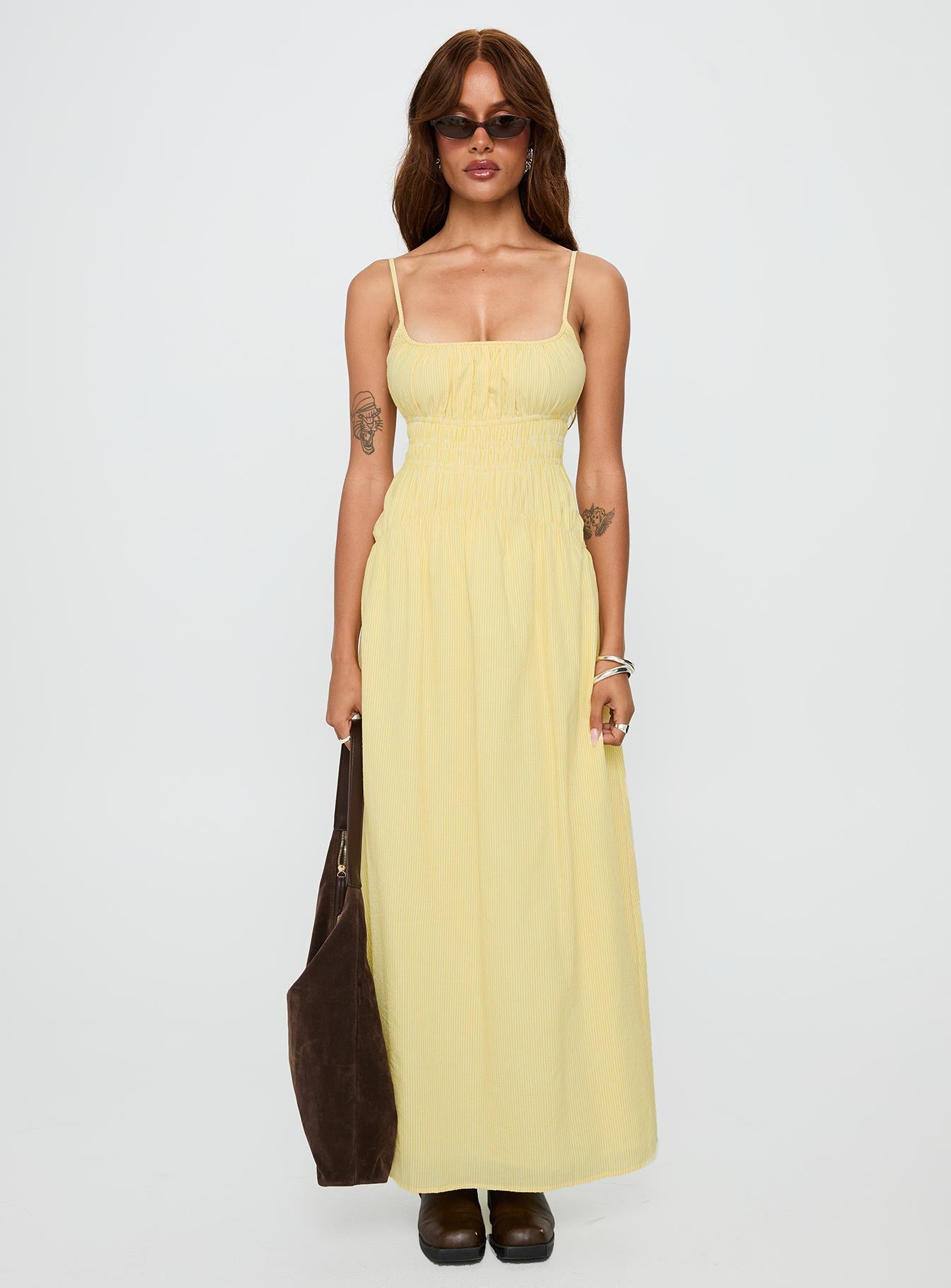 front view of model wearing Princess Polly Magnolie Shirred Maxi Dress Yellow Stripe Square Neck 