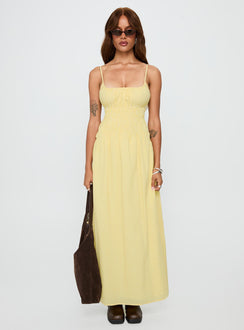 front view of model wearing Princess Polly Magnolie Shirred Maxi Dress Yellow Stripe Square Neck 