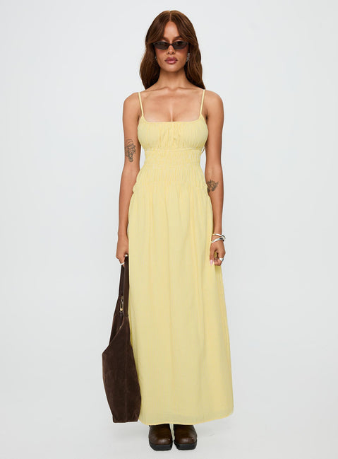 front view of model wearing Princess Polly Magnolie Shirred Maxi Dress Yellow Stripe Square Neck 