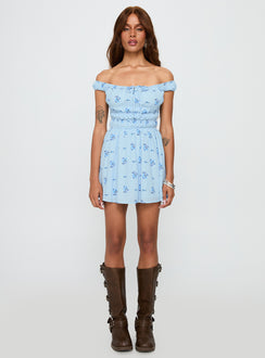 front view of model wearing Princess Polly These Are The Days Shirred Mini Dress Blue Multi Straight Neck 