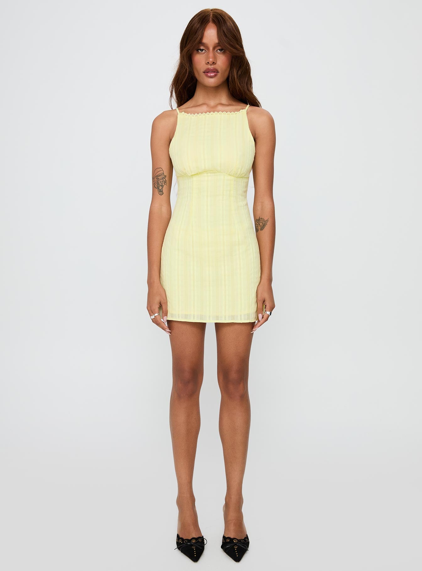 front view of model wearing Princess Polly I Know Places Mini Dress Lemon Scoop Neck 